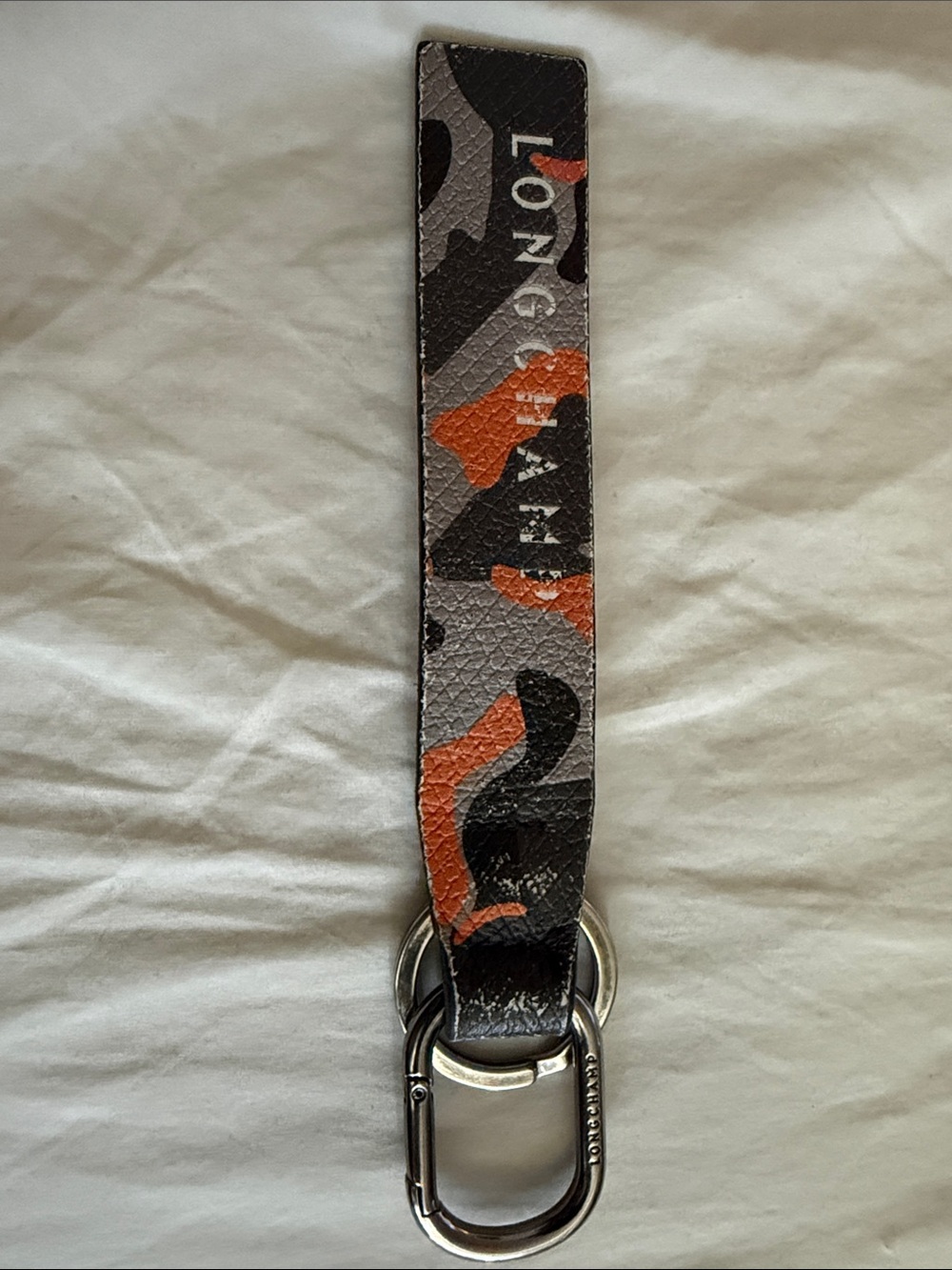 Longchamp Leather Camo Gun Metal Tone Bag Rectangle Charm Keychain Horseman